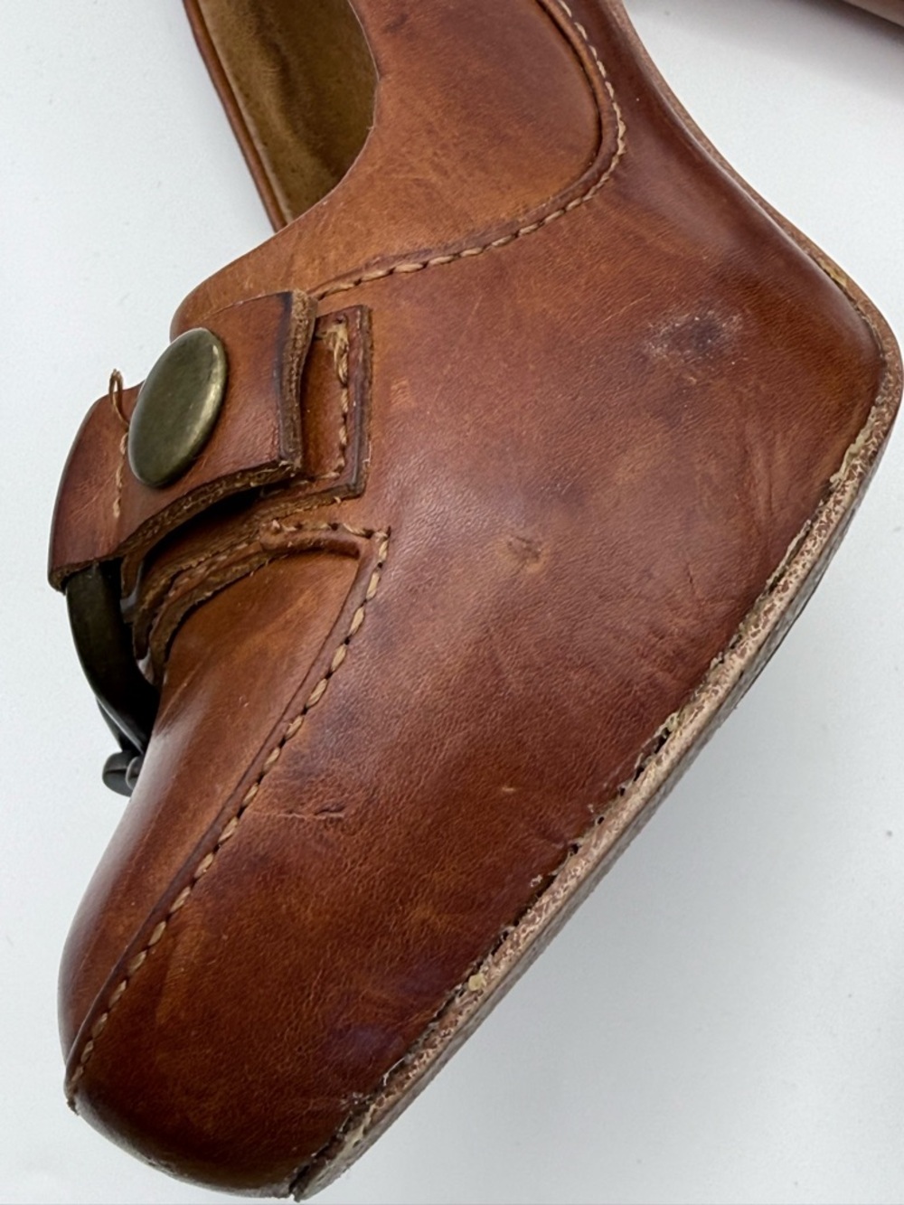 Frye Liv Double Buckle Cognac vintage Leather Block Pump 7.5/8 NEEDS TIP REPAIR - Picture 16 of 16
